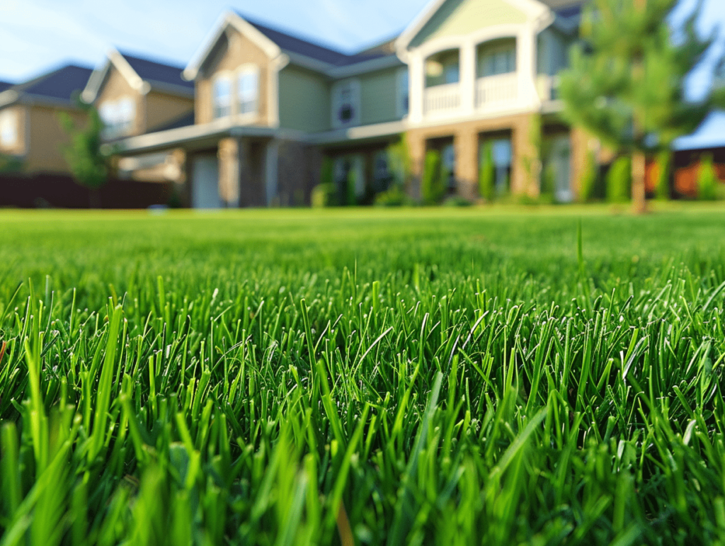 freshly cut lawn in front of houses